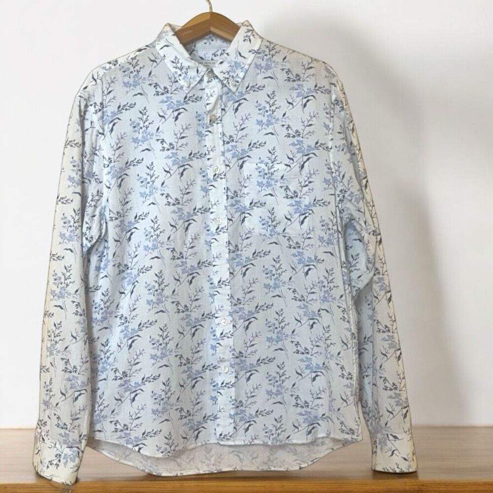 Club Monaco Floral White & Blue 100% Cotton Button Down Shirt Sz L Slim Fit